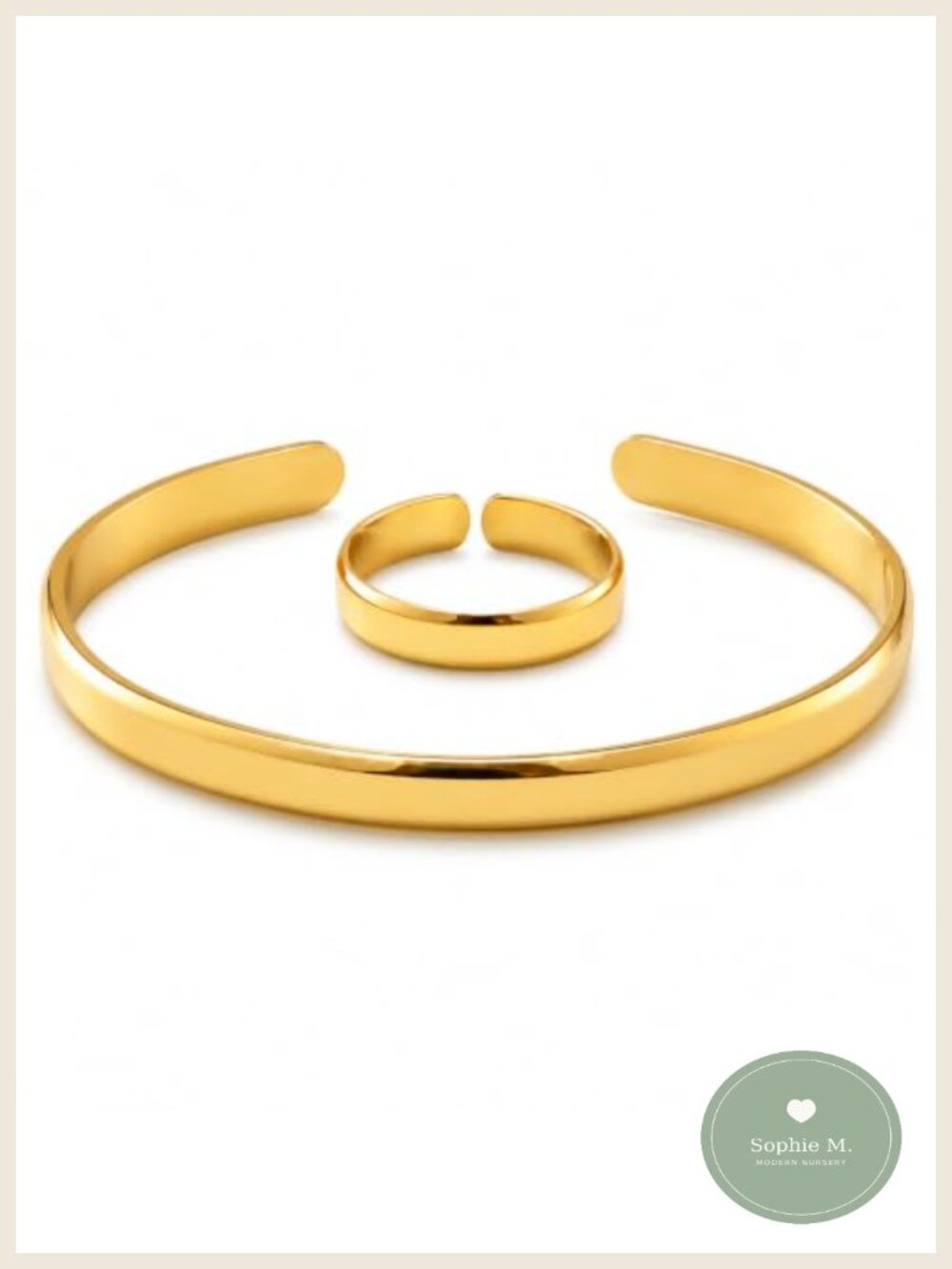 Waterproof 18K Gold Plated Cuff Bracelet & Adjustable Ring Set Stainless Steel
